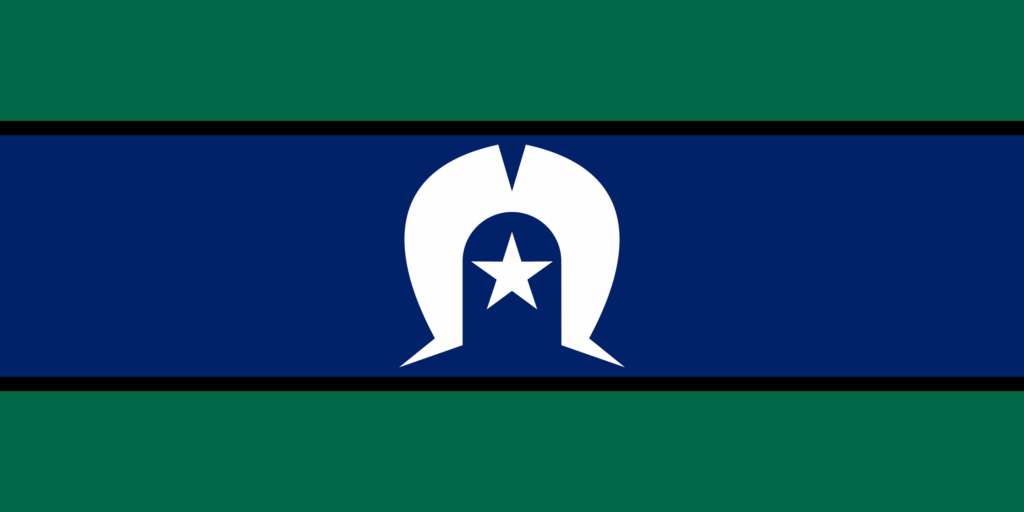 Torres Strait Islander Flag with green panels, blue centre, black lines, and a white dhari and star.